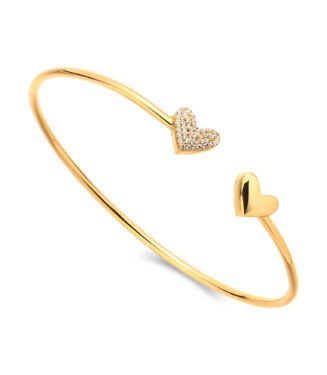Copper Gold-Plated Zircon Open Bangle with Double Heart Design